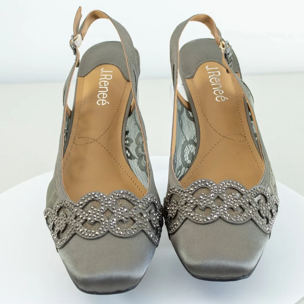J. Renee Faleece Slingback Lace Rhinestones Gray Blocked Heel Women’s Shoes 9.5M - Picture 6 of 8